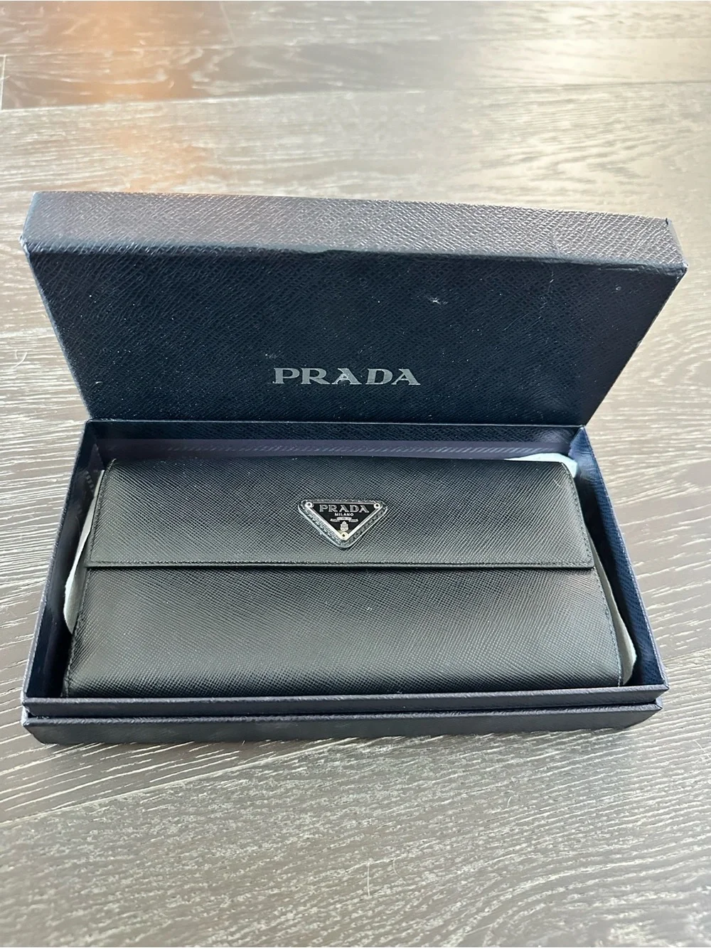 Prada Black Saffiano Leather Continental Wallet with Triangle Logo